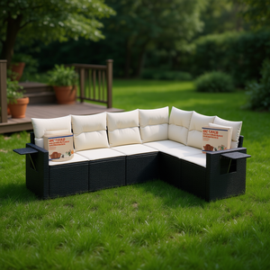 Ensemble de canapés de jardin noirs en rotin PE, mobilier d'extérieur, coussins imperméables, design contemporain - Product Image 2