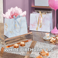 Sac cadeau d'anniversaire de luxe en papier blanc recyclable pour bougies, avec ruban imprimé marbré rose et fermeture à nœud en corde – Vente en gros