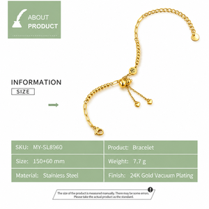 Gold Adjustable Heart <b>Charm</b> <b>Bracelet</b> Stainless Steel 24K Gold Vacuum Plating - Product Image 3