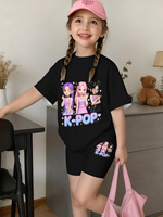 Ensemble de survêtement à manches courtes pour filles 2026, noir et rose, avec imprimé lettres 23 Dove, tenue décontractée sportive pour enfants (T-shirt et short)