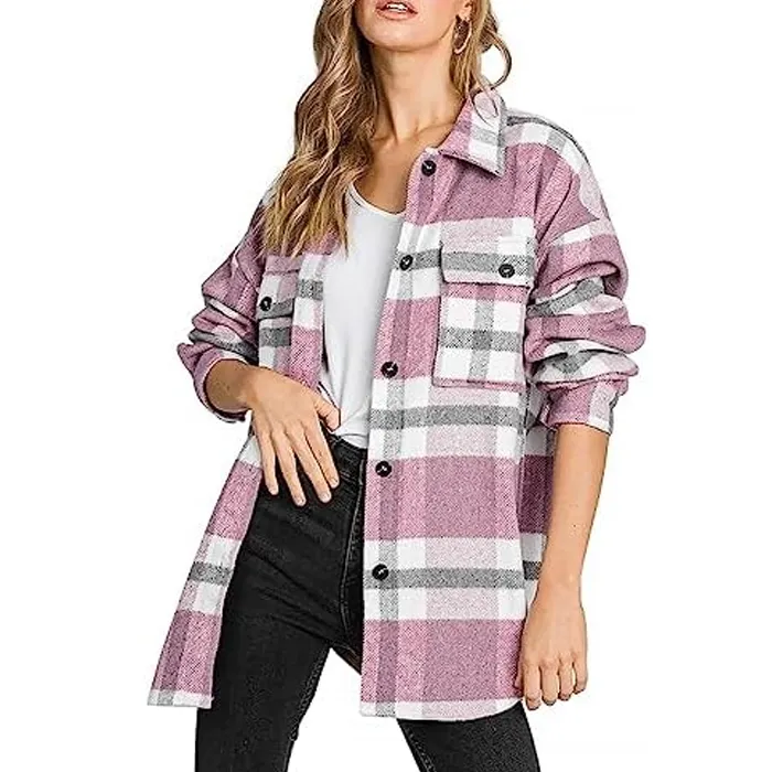 WINGTU Hot Selling Women's Clothes Cardigan Coats Lapel Button Down Pocket Plaid Flannel Long Shirt Jackets For Winter Autumn