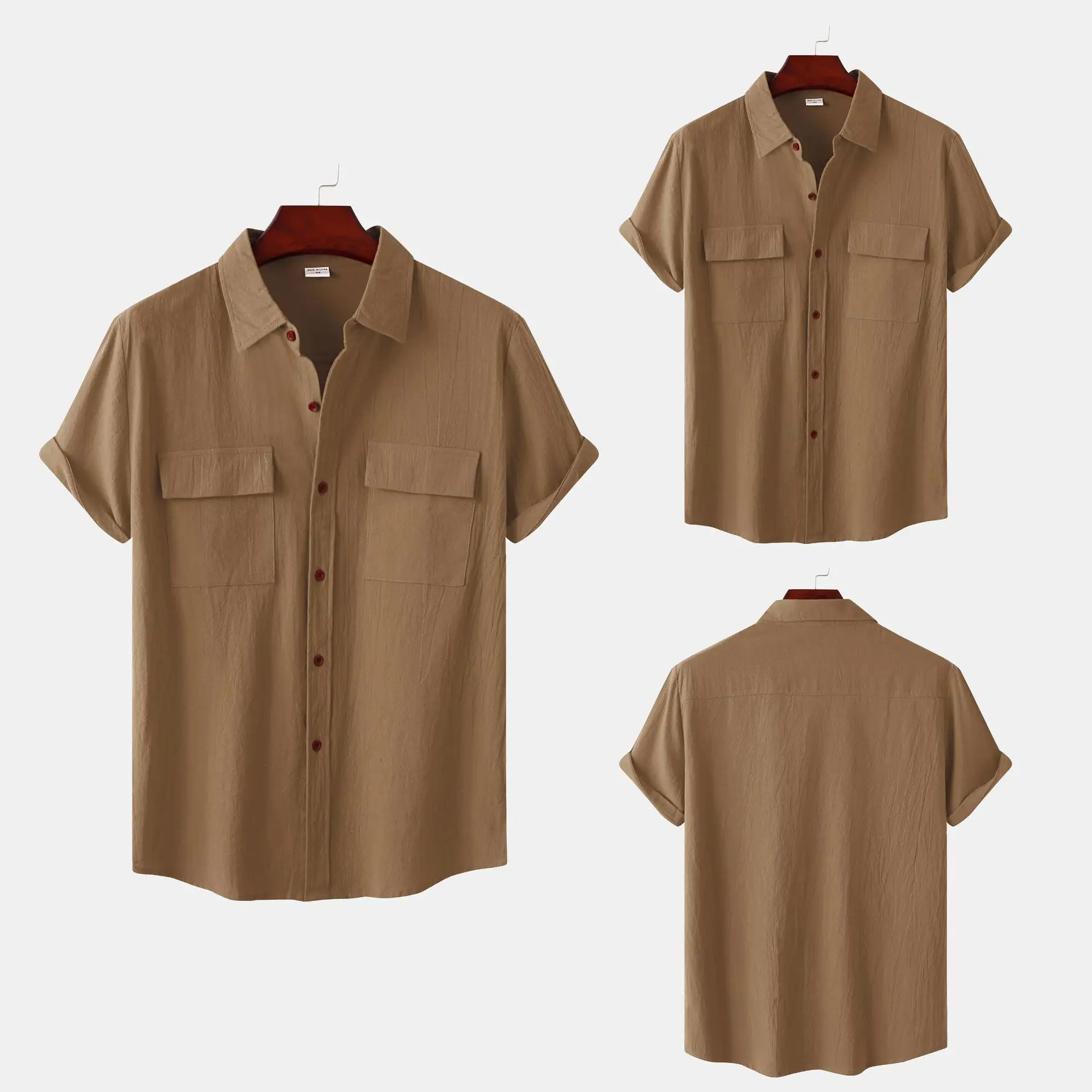 हॉट सेलिंग समर बटन कूल शर्ट्स कैजुअल स्क्वायर नेक टॉप कॉटन मेन अप न्यू लिनन शॉर्ट स्लीव शर्ट