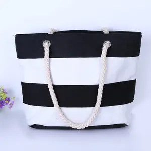 Custom logo tote Mesh Beach Bag,china manufacturer stripe rope canvas beach bag with zipper,coloured beach bag canvas rope