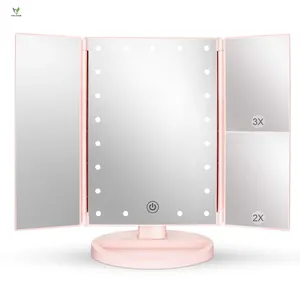 Custom Logo Foldable Led Light Usb Rechargeable Portable Travel Make Up Trifold Cosmetic Smart Touch Screen Standing Mirror