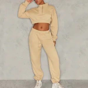 Custom Sweatpants Meia Zip Pullover Tracksuit Pocket Joggers Blank Crop Top Sweatshirt Calças Two Piece Set Mulheres