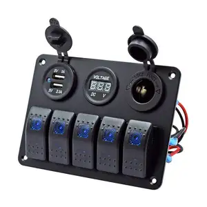 Factory Price DC 12V -24V Universal 3.1A USB Socket and voltage meter 5 Gang Rocker Switch Control Panel