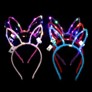 Bando telinga kelinci LED warna-warni, lingkaran rambut kucing, bando rambut, mahkota bunga, pesta ulang tahun, karangan bunga