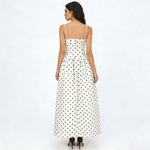 Robe longue à bretelles spaghetti à pois pour femme - Tenue élégante de soirée de mariage, de fête pour filles, col carré, jupe évasée - Product Image 4