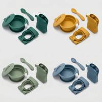 Ensemble de repas portable en silicone pour bébé, sans BPA, pliable, avec bol, cuillère et bavoir, 3 pièces avec pochette de transport pour tout-petit