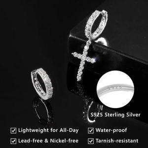 Boucles d'oreilles créoles plaquées or 14 carats avec pendentif croix, serti de cristaux de strass taille brillant rond, bijoux religieux pour femme - Product Image 5