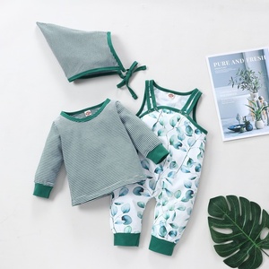 Hot Bán Quần Áo Trẻ Em Thiết Lập Bé Trai Cô Gái Trang Phục 3 Pcs Dễ Thương Sọc Dài Tay Áo Tops + Lá In Không Tay Romper + Hat 0-18M - Product Image 1