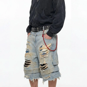 Shorts en jean pour hommes à double taille, très déchirés et usés, coupe brute, jambe large, délavé vintage, style streetwear - Product Image 4