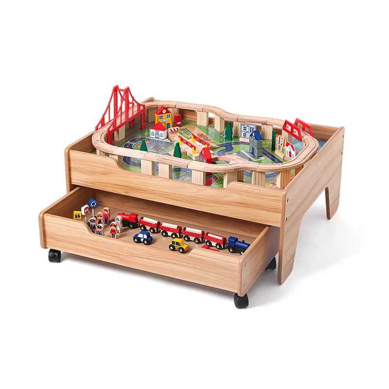 Onshine 2021 new style 100pcs train track table with storage box wooden fun train toy