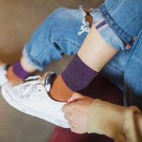 Chaussettes mi-mollet pour femme, en coton respirant, décontractées, avec panneaux bicolores à paillettes brillantes, vente en gros, MOQ
