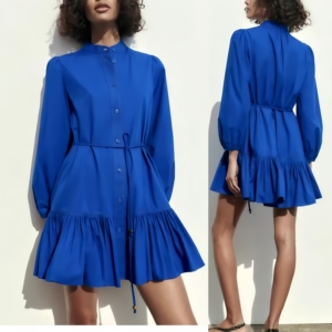 08 elegante <span class=keywords><strong>abito</strong></span> di media lunghezza a girocollo a <span class=keywords><strong>maniche</strong></span> <span class=keywords><strong>lunghe</strong></span> con girocollo <span class=keywords><strong>blu</strong></span> elegante da donna con camicie Decorative a strati francesi - Product Image 3