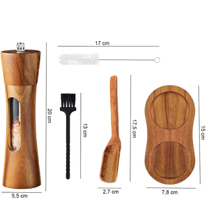 Ensemble de salières et poivrières en céramique réglables avec moulin à poivre manuel en bois d'acacia et plateau, livré dans une boîte personnalisée pour usage en restaurant - Product Image 4