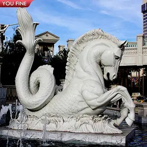Garden Product Life Size Natural Stone Horse Sculptures White Marble Hippocampus Statue