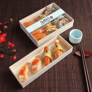 Caja de Sushi de madera de tamaño personalizado con tapa, caja de Sushi desechable de grado alimenticio