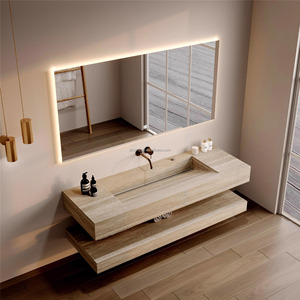 Lavabo double moderne de qualité hôtelière avec vasque rectangulaire en pierre, miroir LED résistant à l'eau, fixation murale classique - Product Image 5