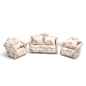 Meubles de maison de poupée miniature JC 1:12, modèle KT331, salon floral, canapé, ensemble en bois, poudre, tissu, jouet pour les jeunes - Product Image 1
