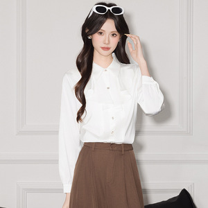 Pink Long Sleeve Shirt Women Ruffled Hem Solid Color Polyester Blouse Everyday Wear Spring Autumn Fashion Top - Product Image 2