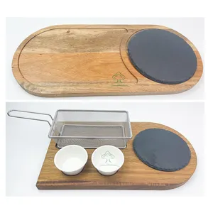 Premium Acacia Wood Burger Serving Board Set With Stainless Steel Fry Basket and Porcelain Condiment Cups