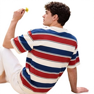 T-shirt décontracté à manches courtes pour homme, coupe ample, en coton 100% anti-boulochage, à col rond, tricoté, à rayures, motif rouge, bleu et blanc - Product Image 6