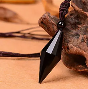 Obsidian kalung liontin segi enam batu energi, perhiasan batu permata Amethyst penyembuhan untuk pria dan wanita