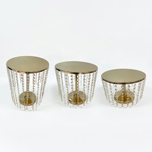 Round Metal <b>Cake</b> <b>Stands</b> With Crystal Chains 3 Piece <b>Set</b> Gold Finish - Product Image 1