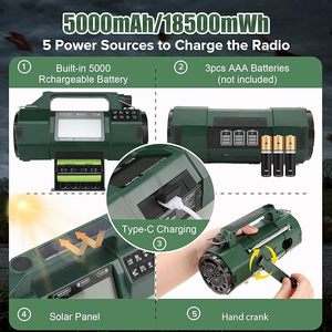 Radio meteorológica portátil de manivela de emergencia de 50000mAh, linterna de manivela solar y manual de 5000mAh y Sirena SOS, Radio Meteorológica NOAA/AM/FM - Product Image 5