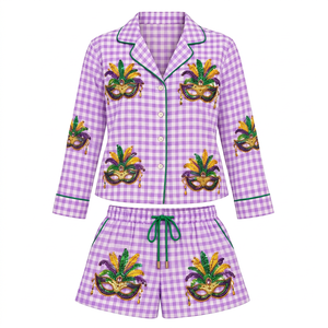 Elegante conjunto de pantalones cortos a cuadros morados de manga larga para mujer al por mayor con ribete verde y estampado de máscara de Mardi Gras - Product Image 1