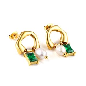 Fine Jewelry Shaped Half Circle Green Diamond Rectangle Pearl Delicate Zircon <b>Stud</b> Earrings - Product Image 1