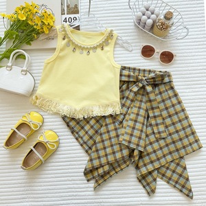 Completo Estivo per Bambina <span class=keywords><strong>con</strong></span> Gilet <span class=keywords><strong>con</strong></span> Frange e Gonna Irregolare a Quadri, Outfit Due Pezzi per Vacanze - Product Image 1