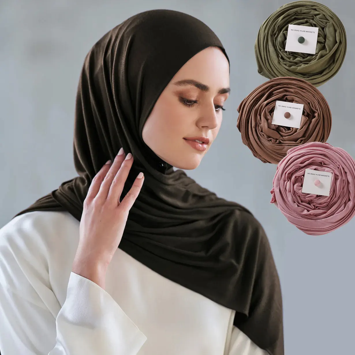 Son toptan Modal Jersey başörtüsü düz şal müslüman kadınlar atkılar sıkı pamuklu jarse başörtüsü eşarp eşleşen mıknatıs pimleri Set
