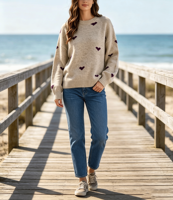 Pull en maille jacquard à col rond pour femme, coupe ample, manches longues, avec logo personnalisé, motif cœur, couleur avoine, pour dames