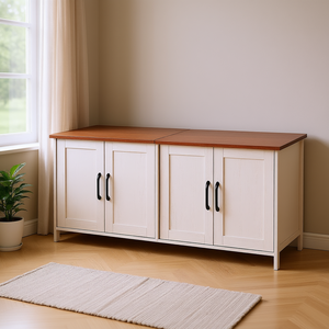 Mobilier d'intérieur en bois pour chat, 47,2 pouces, avec bac à litière dissimulé, pour plusieurs chats, 4 portes, 2 entrées, Marron Blanc - Product Image 2