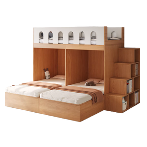 Lit superposé minimaliste en bois, taille twin, avec escalier de rangement pour enfants - Product Image 1