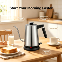 Bouilloire électrique mécanique à bec flexible 1,0 L en acier inoxydable 304 avec bec verseur précis pour café infusé à la main