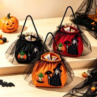 Sac à bonbons Halloween pour enfants, motif sorcière et citrouille, sac à cordon en tissu avec bordure en tulle, cadeau de fête d'Halloween