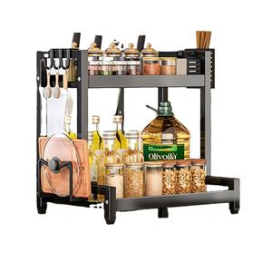 Modern 2-Layer <b>Kitchen</b> Countertop Spice Organizer Rack Multi-Functional Metal Seasoning Storage with <b>Hooks</b> and Chopstick Holder - Product Image 1