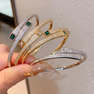 European American Style Electroplated <b>Copper</b> Cuff <b>Bracelet</b> With Zircon And Sapphire Inlay Geometric Design For Women Party - Product Image 3