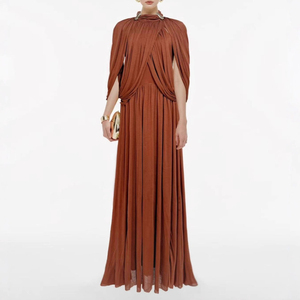 Abito lungo da donna sexy e alla moda, aderente con maniche incrociate, con spilla in metallo, tinta unita, elegante, scollo a O, design arricciato, abito da cocktail - Product Image 3