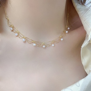 18K oro sólido real uso diario ligero lujo duradero 3 capas cuentas perla <span class=keywords><strong>encaje</strong></span> fino mujeres encanto collar AU750 - Product Image 2