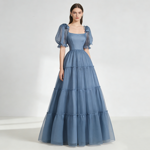 Robes pour femmes à col carré, manches courtes bouffantes, en tissu organza, avec ourlet à volants superposés, maxi, formelles, pour <span class=keywords><strong>mariage</strong></span>, mariée, soirée - Product Image 2