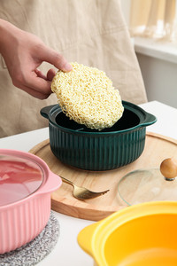 Plat de Cuisson en Céramique avec Couvercle et Doubles Poignées, Grand <span class=keywords><strong>Bol</strong></span> à Soupe Individuel ou Pot à Nouilles Familial - Product Image 2