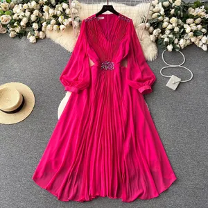 French Retro V-Neck Lantern Sleeve Studded Diamond Dress Waistband Slim Elegant Large Swing Long Dress