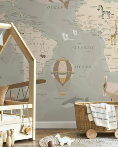 Papier peint carte du monde sur le thème de l'aventure moderne pour enfants Installation pelable et collante étanche avec navires et avions pour peinture murale - Product Image 1