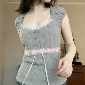 เสื้อยืดแขนสั้นผู้หญิง Y2K แต่งลูกไม้ตัดต่อ คอเหลี่ยม ติดกระดุมด้านหน้า ทรงเข้ารูป ผูกเอว สำหรับฤดูร้อน ขายส่ง - Product Image 3