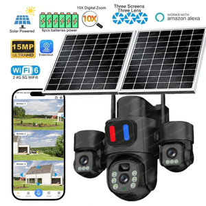 Caméra de surveillance sans fil OEM, rouge et bleue, avec alarme LED, 3 objectifs, 15MP, carte SIM 4G, solaire, PTZ 360°, IP, extérieure, réseau, sécurité, bullet, CCTV - Product Image 1