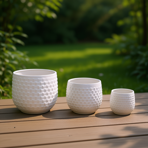 Pots à fleurs en céramique émaillée Mdj, ensemble de 3 pièces, design moderne rond, jardinières d'intérieur et d'extérieur, blanc avec trous de drainage - Product Image 2
